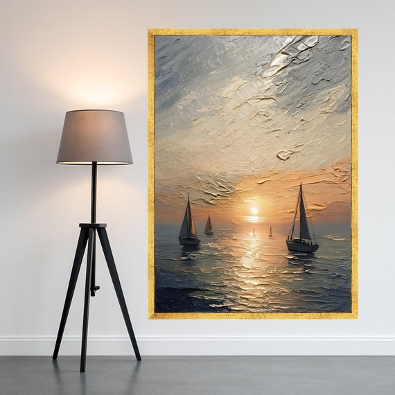 Sunset Sailboats Ocean Impasto Seascape Oil Painting Wall Art