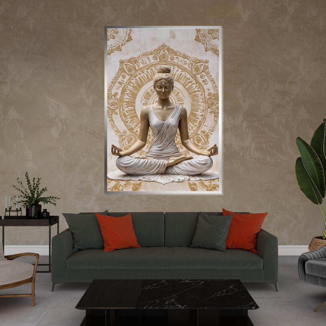 Serene Golden Meditating Woman Mandala Halo Spiritual Yoga Art Poster - Image 4