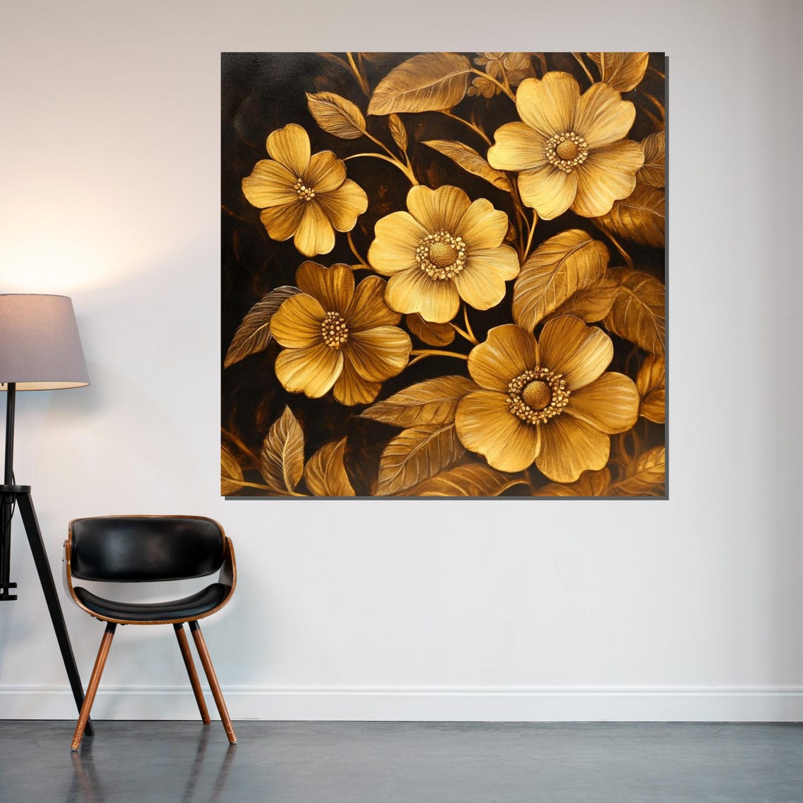 Golden Botanical Flowers Dark Background Elegant Floral Bloom Poster - Image 2