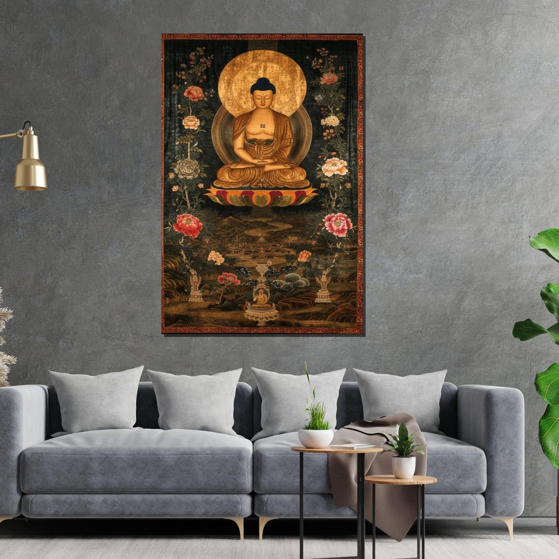 Golden Seated Buddha Lotus Blossom Dark Botanical Asian Poster - Image 2
