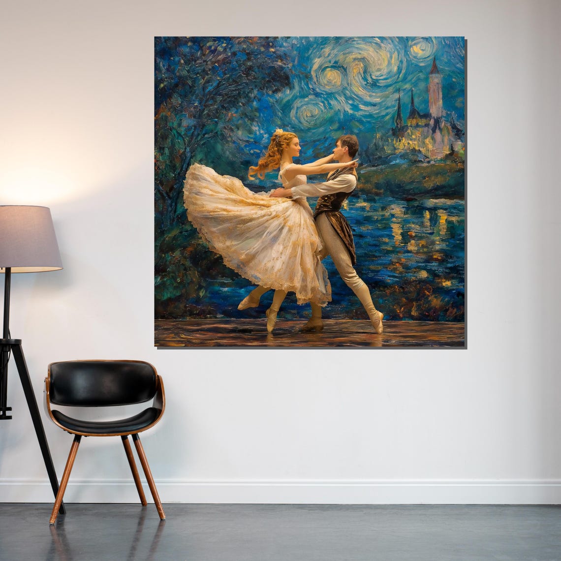 Ballet Couple Dancing Under Swirling Starry Night Sky Art Poster - Image 2