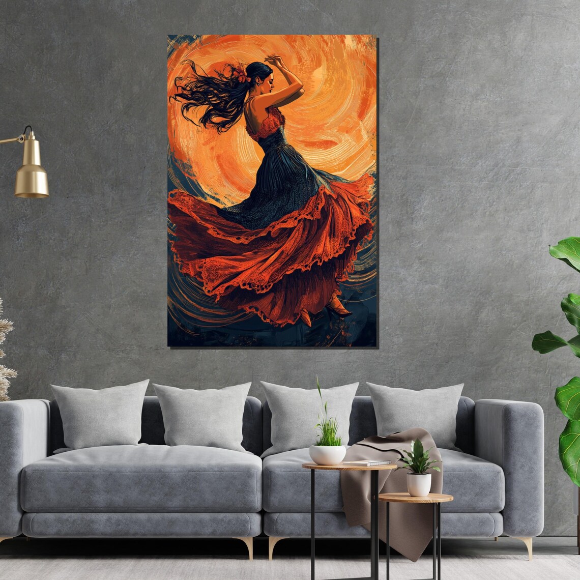 Flamenco Dancer in Black and Red Dress Fiery Orange Art Poster - Image 2