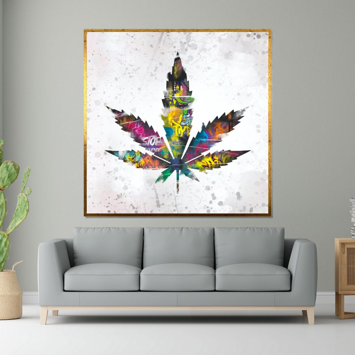 Cannabis Leaf Graffiti Multicolor White Splash Art Hemp Poster