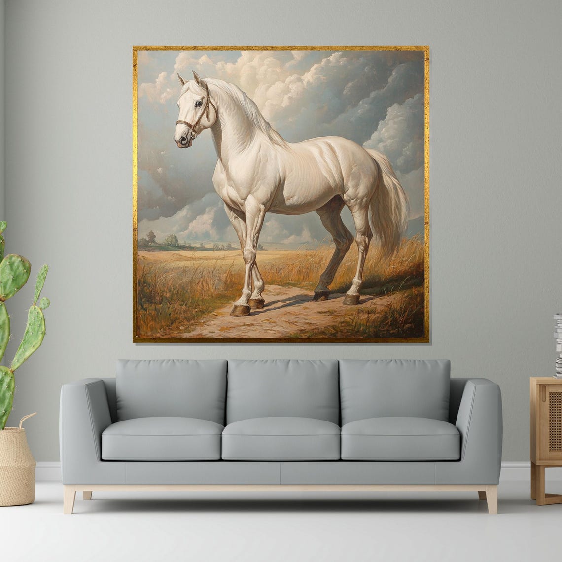 White Stallion On A Country Path Under Cloudy Sky Equine Art Poster