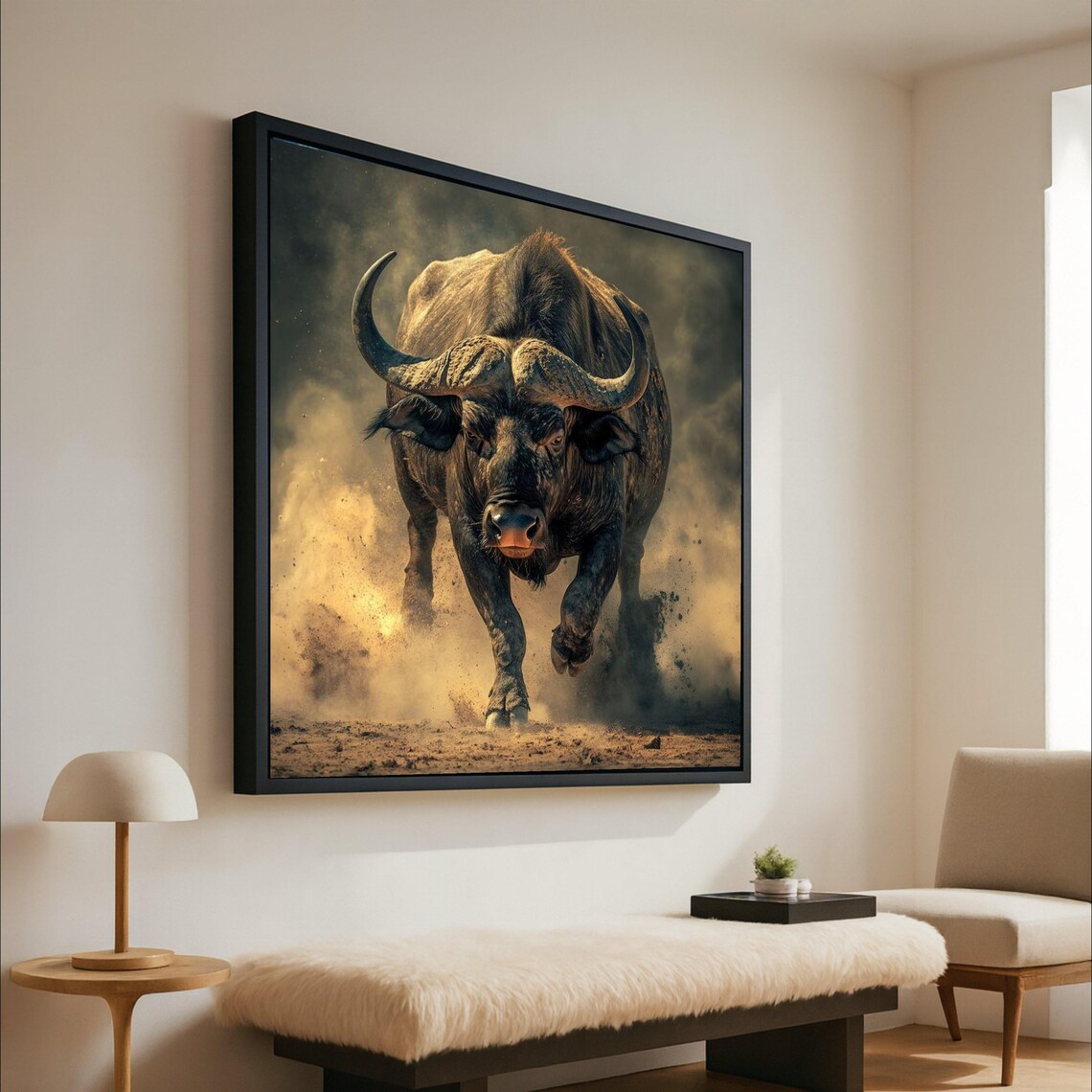 Charging Buffalo Art Print, Rustic Nature Decor