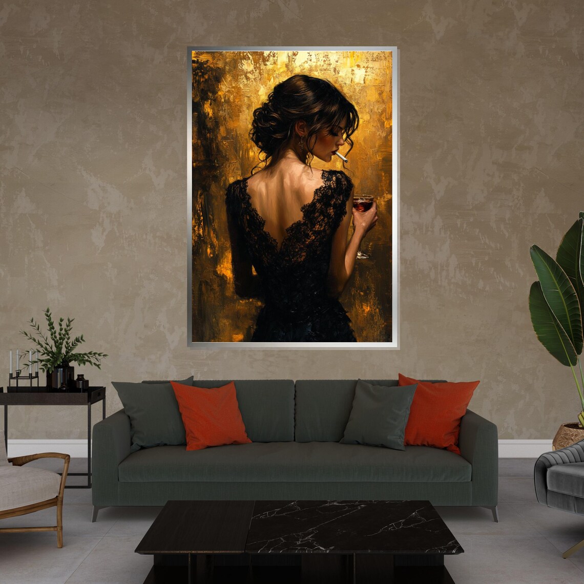 Elegant Woman In Black Lace Dress With Wine Golden Glamour Poster - Image 3