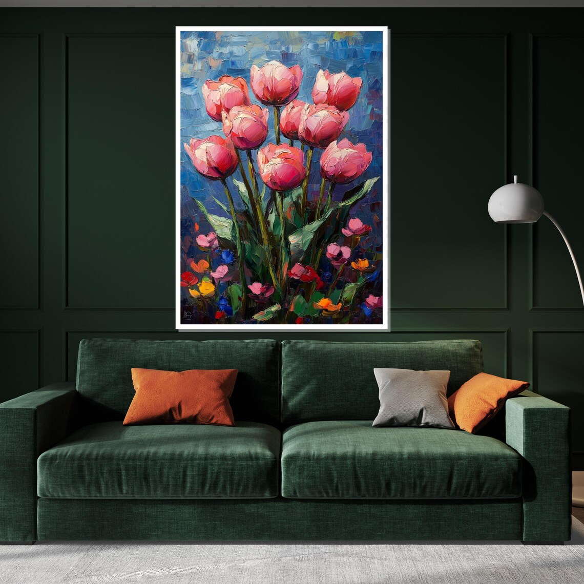 Pink Tulips Blue Background Vibrant Oil Painting Floral Art Poster - Image 3