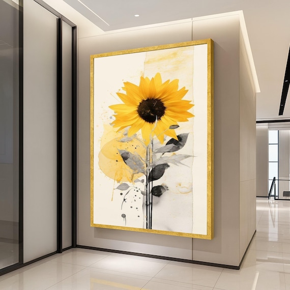 Minimalist Sunflower Watercolor Gray Leaves Modern Floral Wall Art