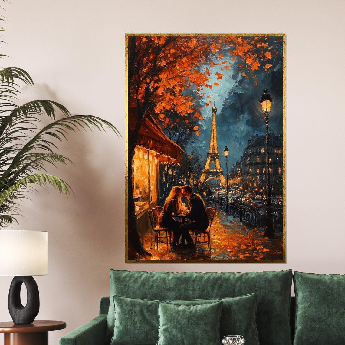 Romantic Paris Evening Couple Kissing Eiffel Tower Cafe Street Poster