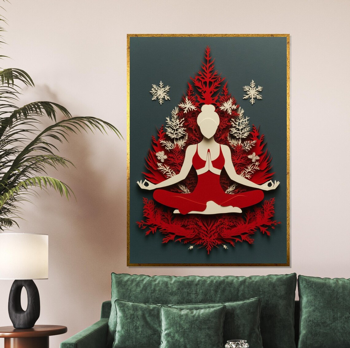 Red Meditating Woman Silhouette Paper Cut Style Yoga Art Poster