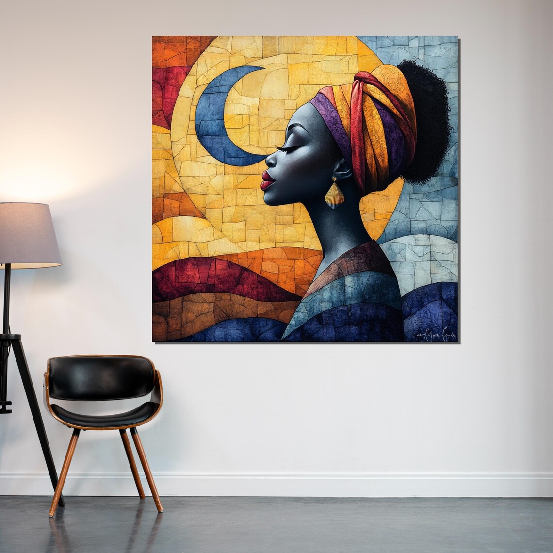 Moonlit Mosaic Woman Headwrap Crescent Moon Ethnic Art Poster - Image 2