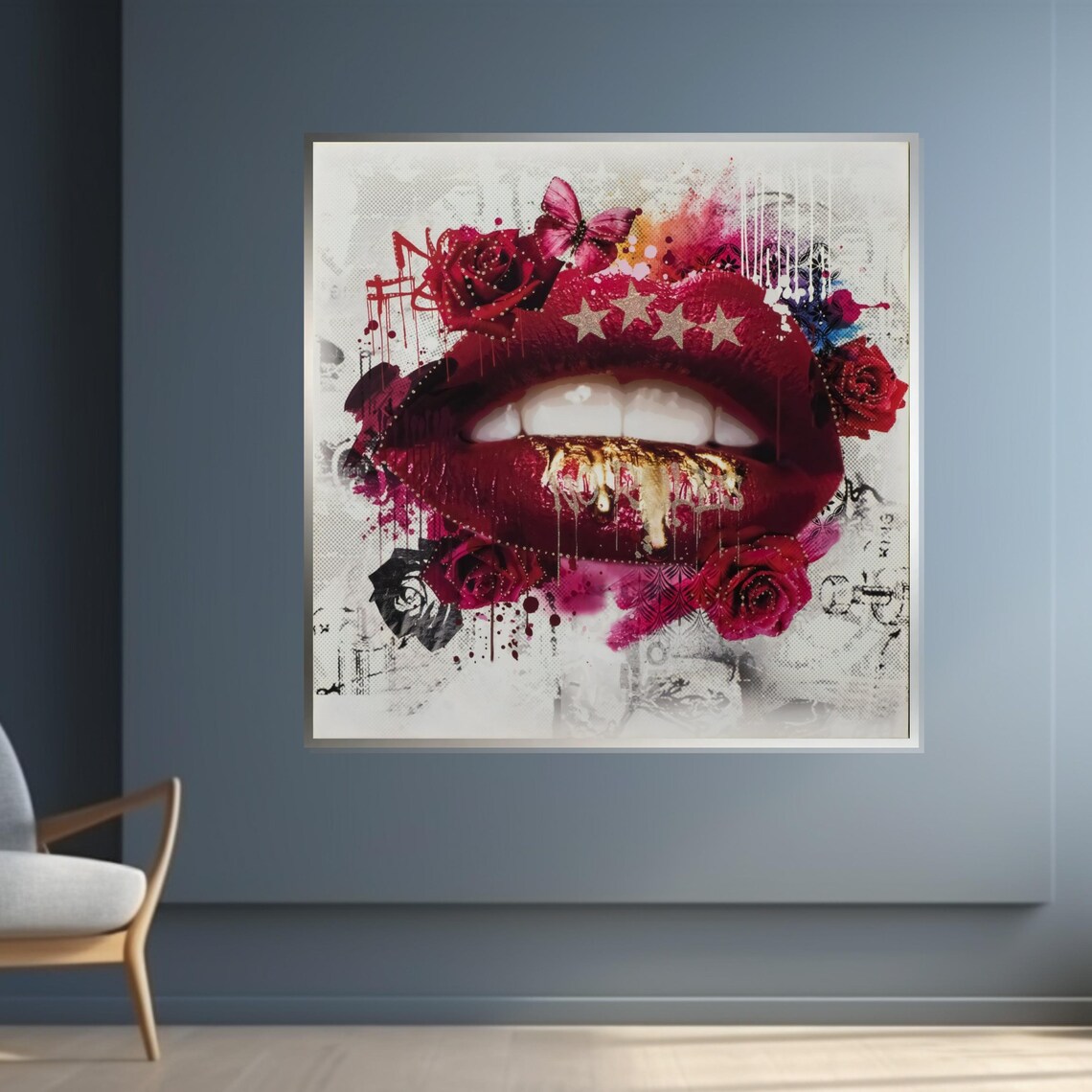 Red Lips Gold Teeth Roses Pop Art Glamorous Beauty Fashion Poster - Image 4