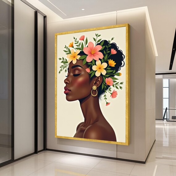 Elegant Profile Portrait Floral Crown Canvas Woman Silhouette Wall Art Modern Beauty Illustration Ethnic Home Decor Ready To Hang