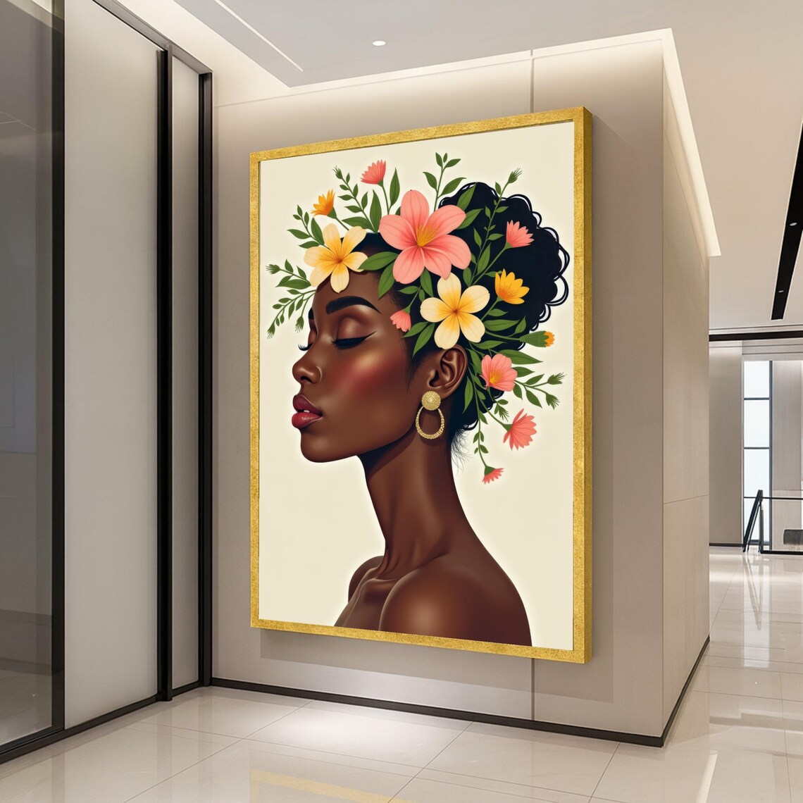 African Woman Floral Crown Profile Portrait Elegant Home Poster