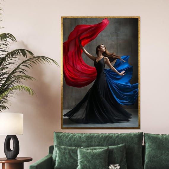 Elegant Dance Art Flowing Red And Blue Dress Dynamic Dance Wall Art Modern Design Ready To Hang Home Decor