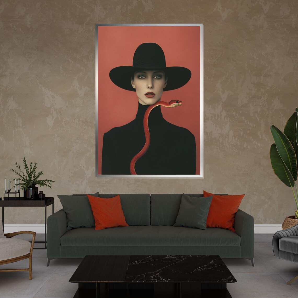 Woman Black Hat Red Snake Surreal Fashion Portrait Art Poster - Image 4