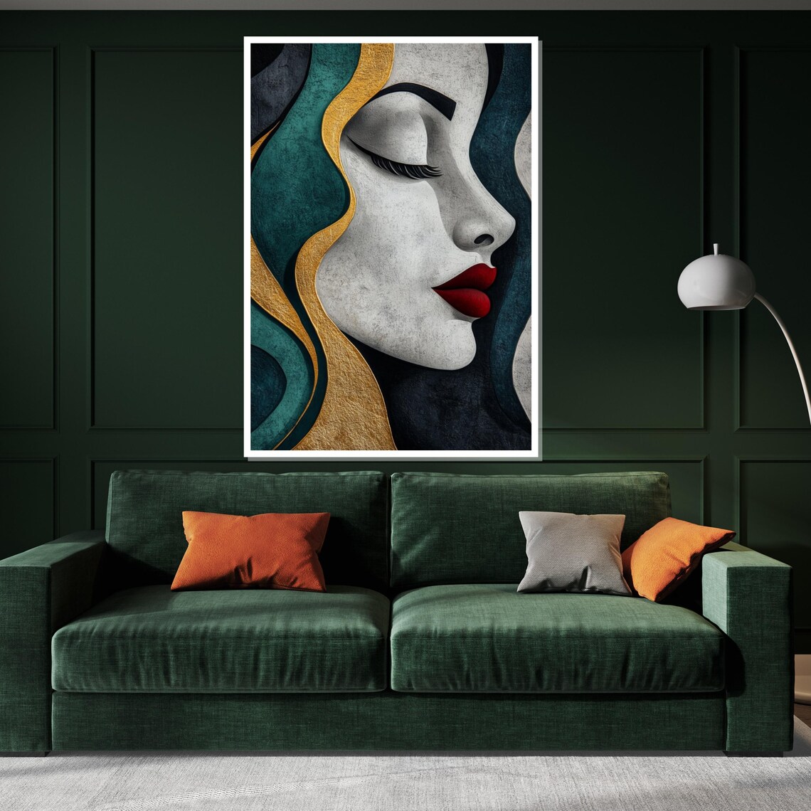 Textured Woman Portrait In Gold And Teal With Red Lips Artistic Poster - Image 2