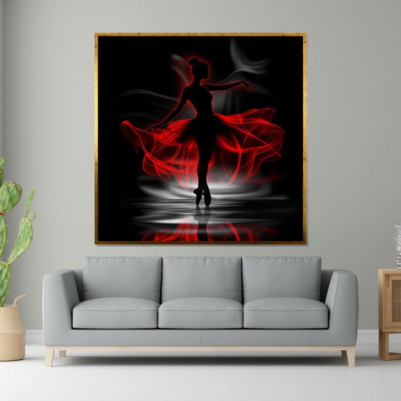 Elegant Ballerina Silhouette Red Tutu Dance Art Wall Art Design Ready To Hang Decoration Ballet Dancer Print