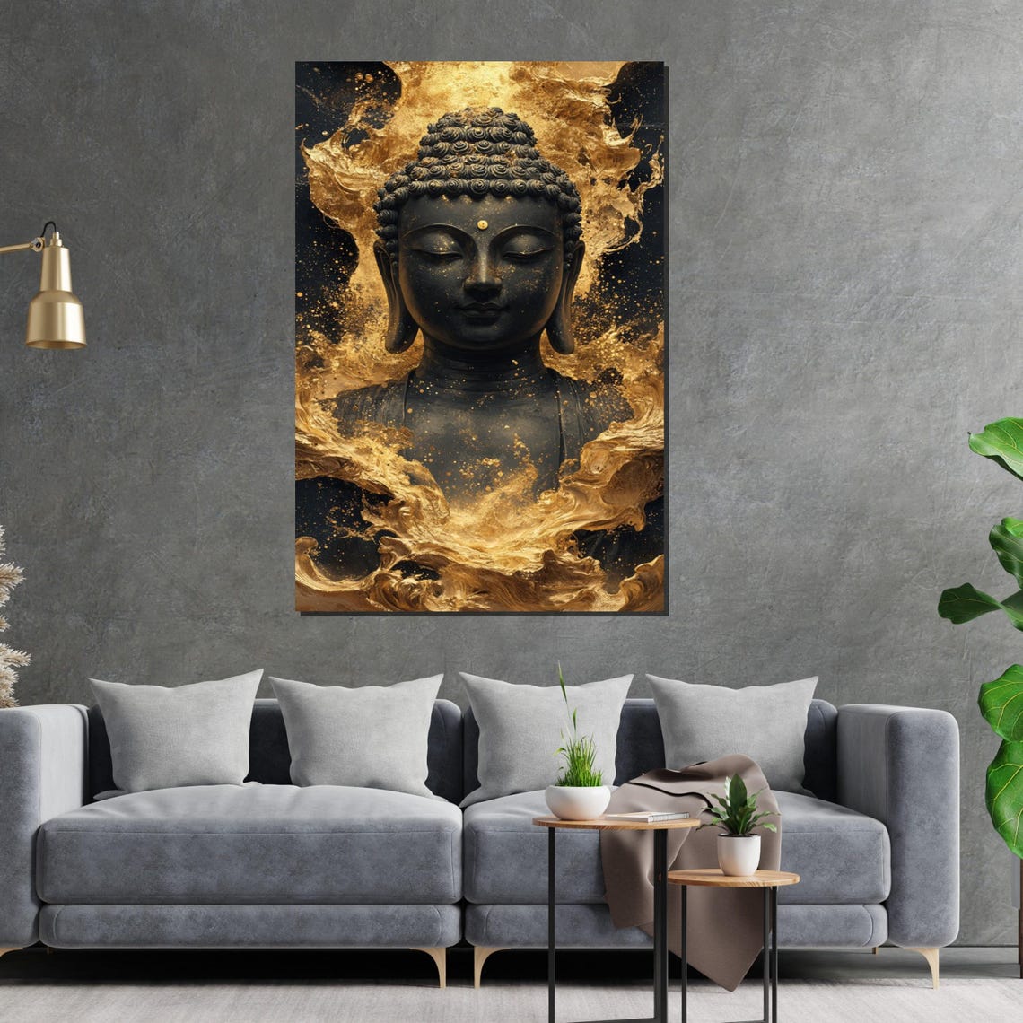 Black Buddha Portrait with Swirling Gold Leaf Modern Art Poster - Image 2