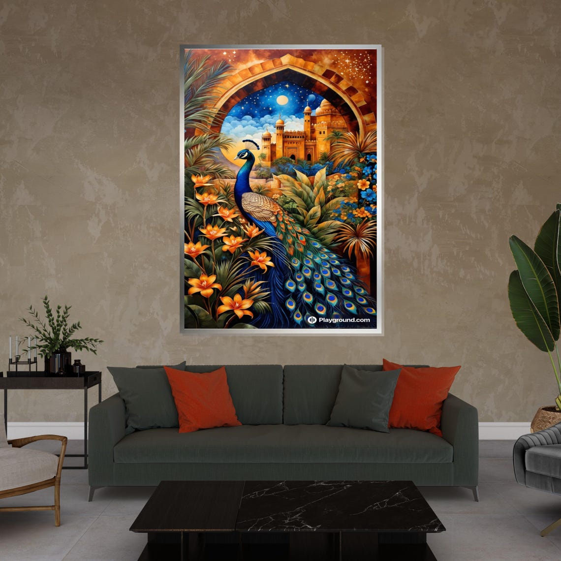 Peacock Palace Arch Night Orange Flowers Exotic Bird Art Poster - Image 4