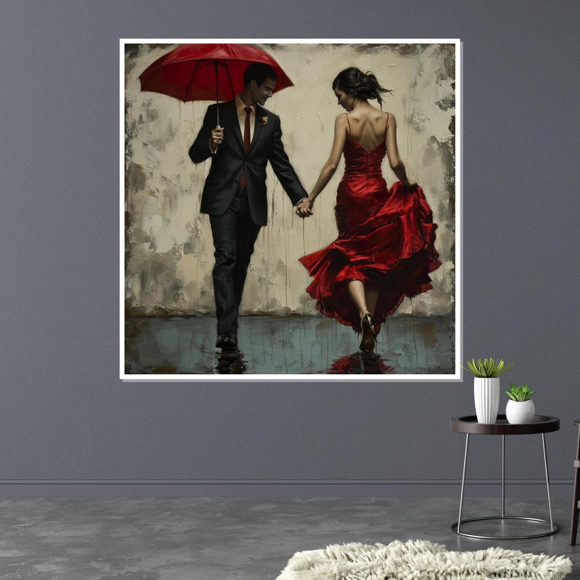 Couple Walking in Rain Under Red Umbrella Romantic Art Poster - Image 3
