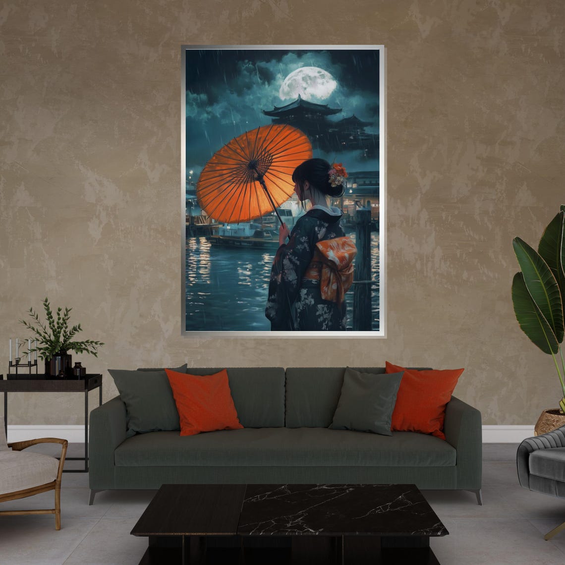 Geisha Rainy Night Full Moon Orange Parasol Temple Art Poster - Image 4