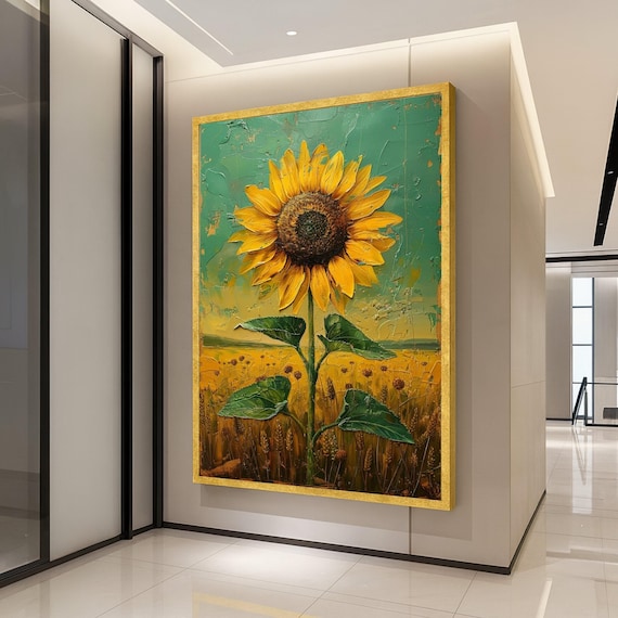 Textured Sunflower Teal Impasto Gold Field Oil Painting Wall Art
