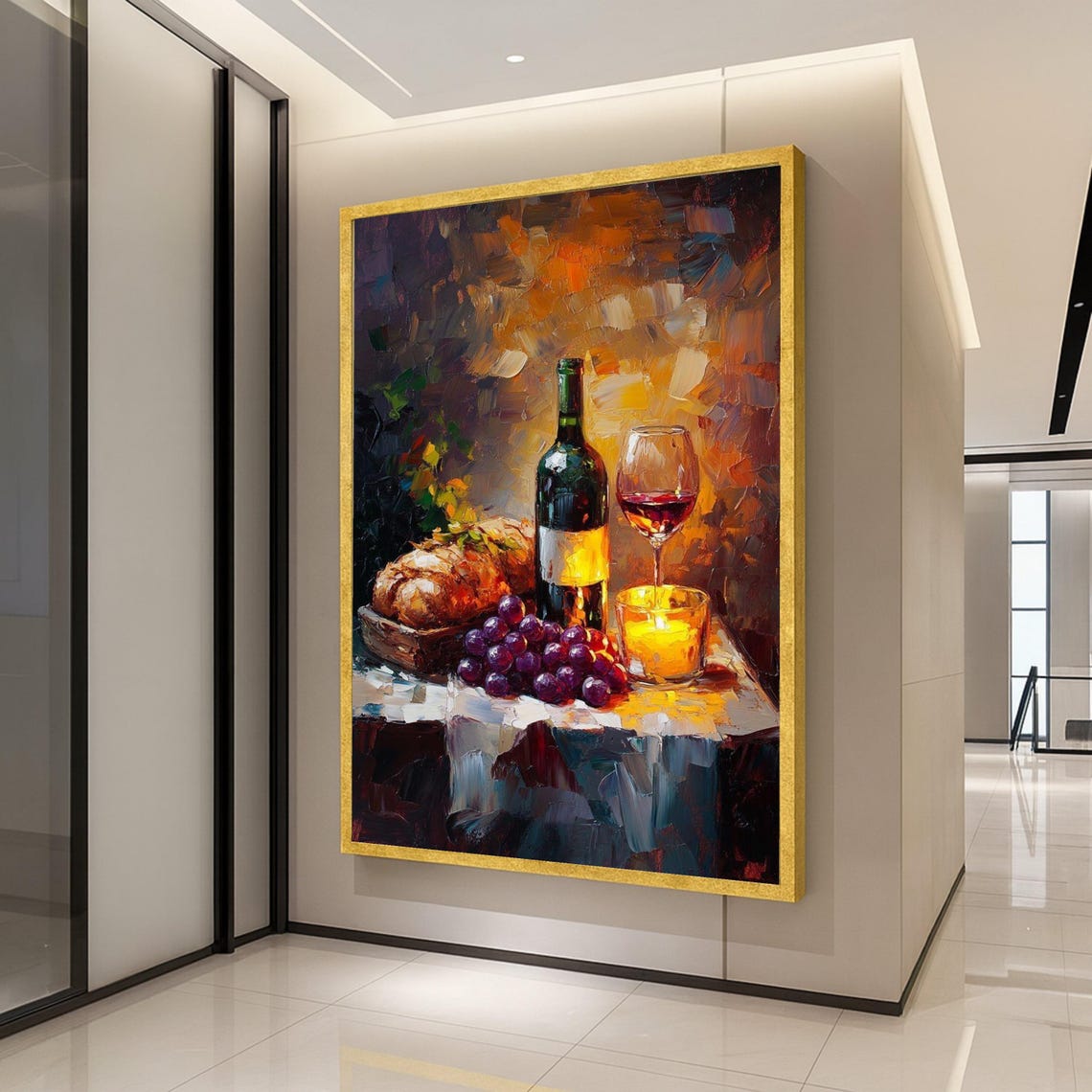 Wine Bottle Grapes Bread and Candle Rustic Still Life Poster
