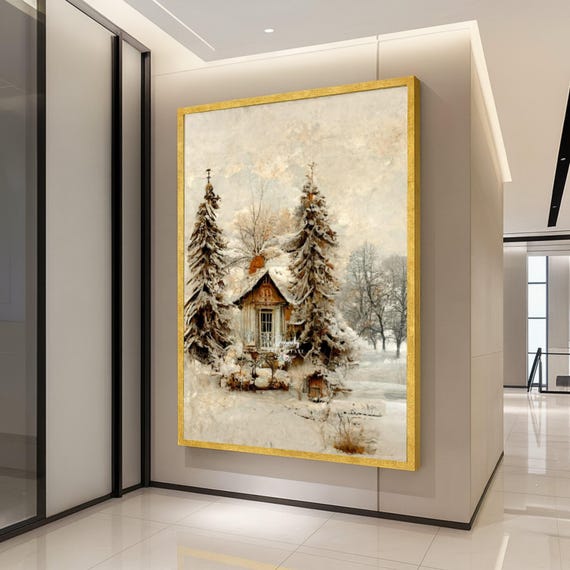 Cozy Winter Cottage Canvas Snowy Pine Trees Wall Art Rustic Cabin Landscape Season Home Decor Nature Ready To Hang
