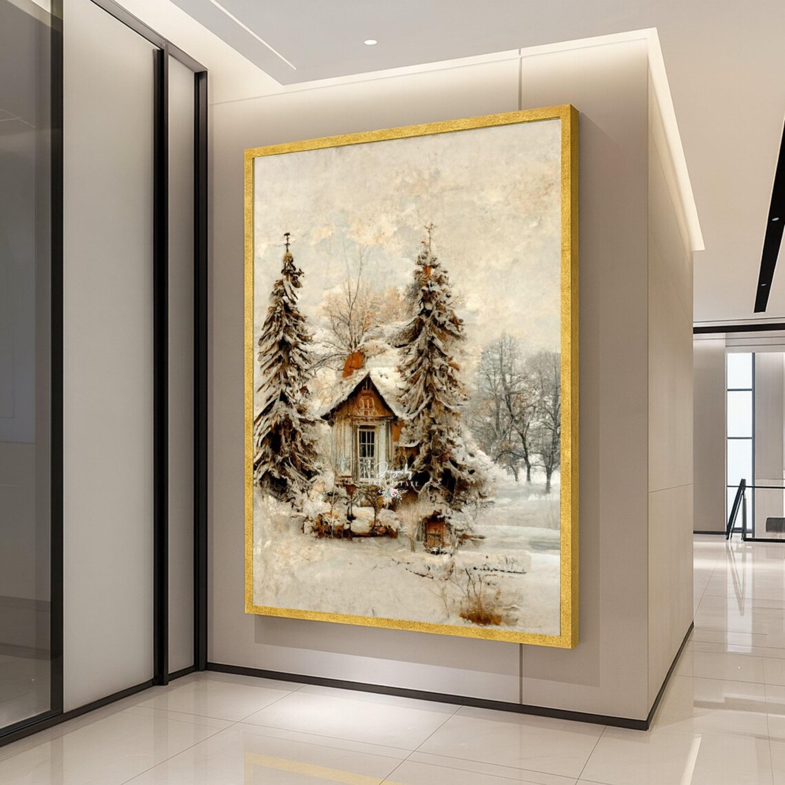 Snowy Winter Cottage Pine Trees Vintage Holiday Canvas Wall Art