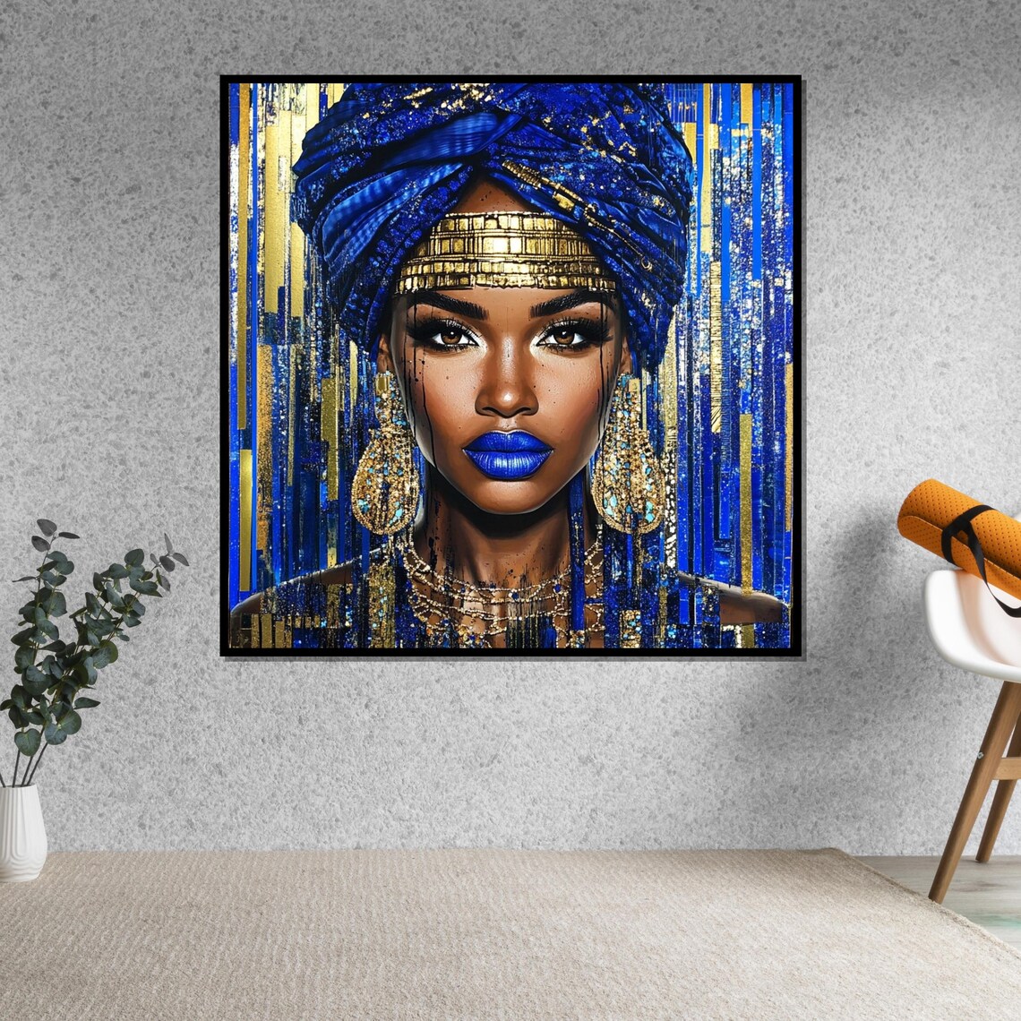 Blue And Gold African Queen Portrait Regal Headwrap Elegant Wall Art - Image 5