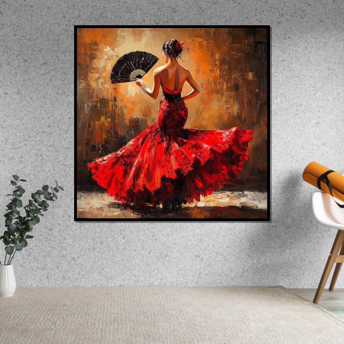 Flamenco Dancer from Behind with Black Fan Red Dress Art Poster - Image 5