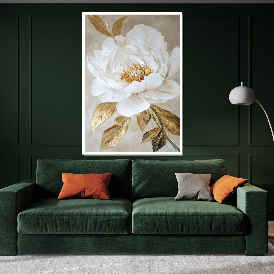 White Peony Golden Leaves Cream Background Classic Elegant Art Poster - Image 3