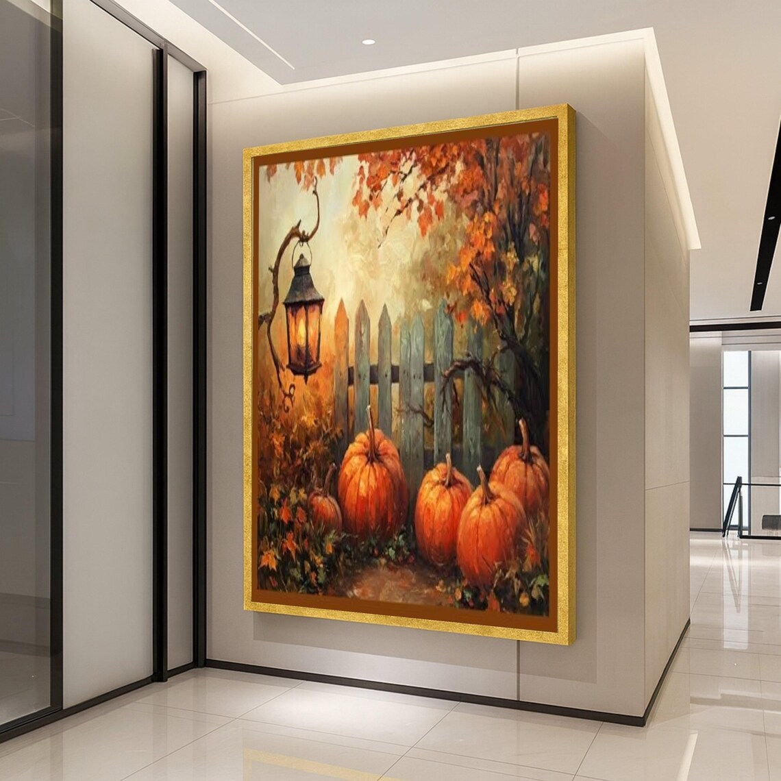 Autumn Pumpkin Patch Canvas Rustic Lantern Wall Art Fall Harvest Decoration Seasonal Home Decor Cozy Landscape Ready To Hang