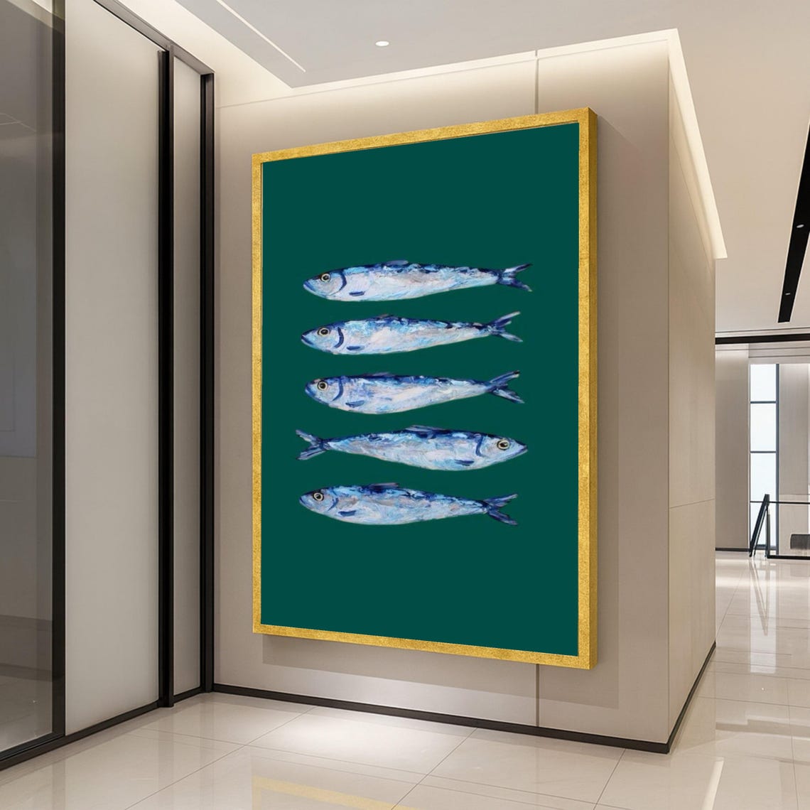 Sardines Fish Illustration Deep Green Coastal Kitchen Poster