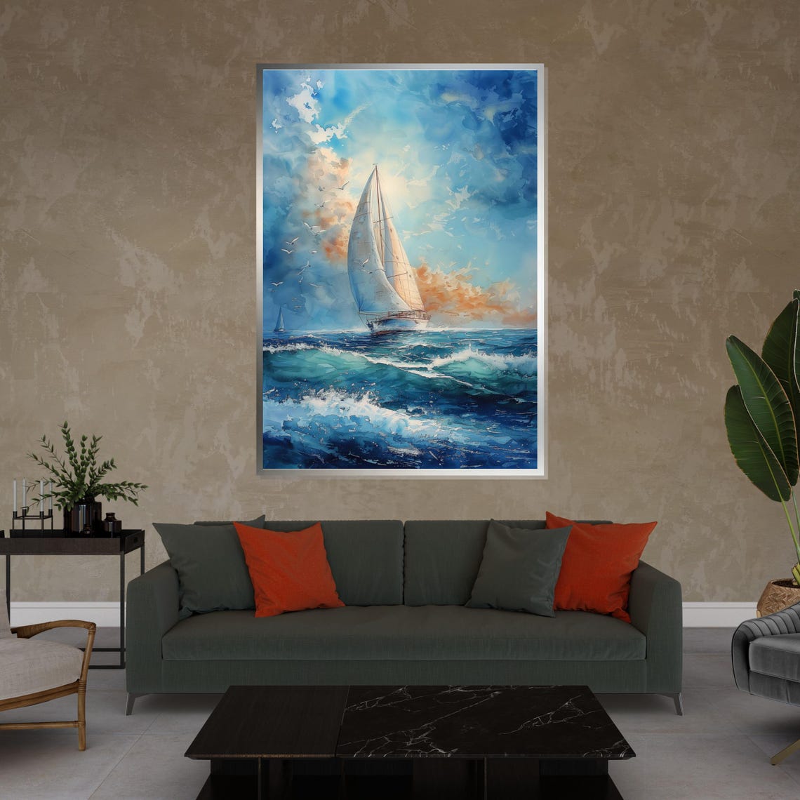 Tall Sailboat Racing Across Ocean Waves Blue Sky Sailing Poster - Image 4