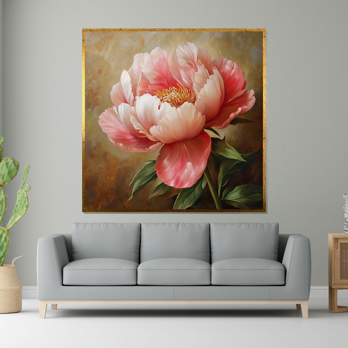 Blush Pink Peony Bloom Golden Elegant Floral Oil Painting Poster
