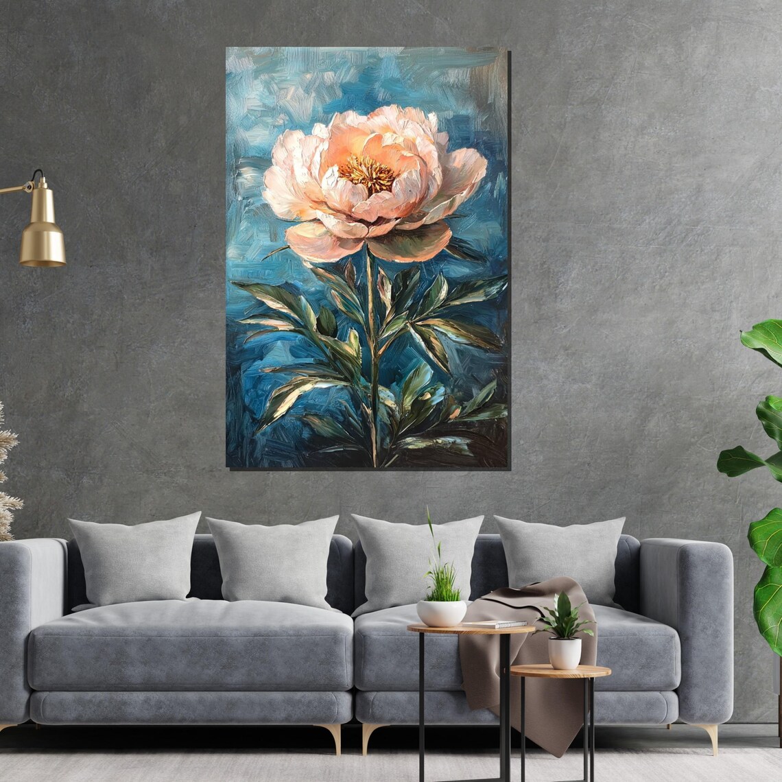 Blush Pink Peony Bloom On Teal Textured Oil Painting Floral Poster