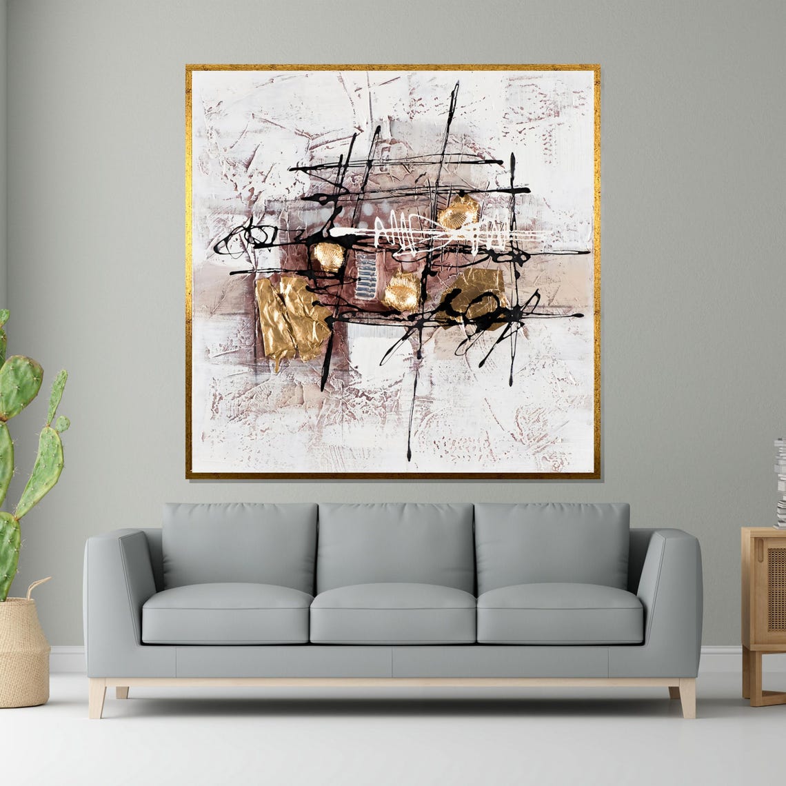 White Abstract Gold Leaf Accents Black Ink Scribble Art Poster