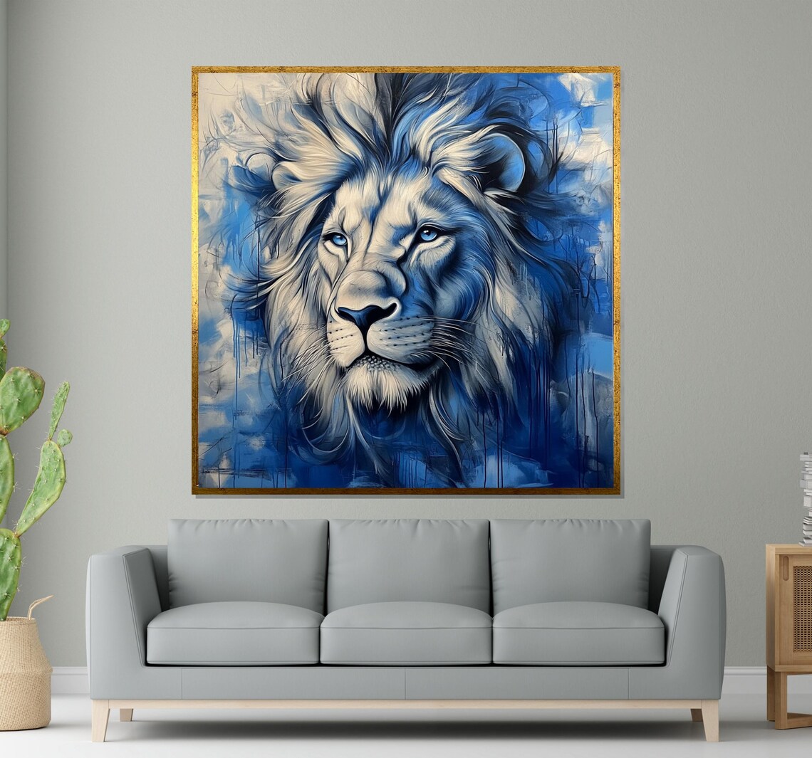 Blue Lion Wildlife Art Print, Regal Animal Poster