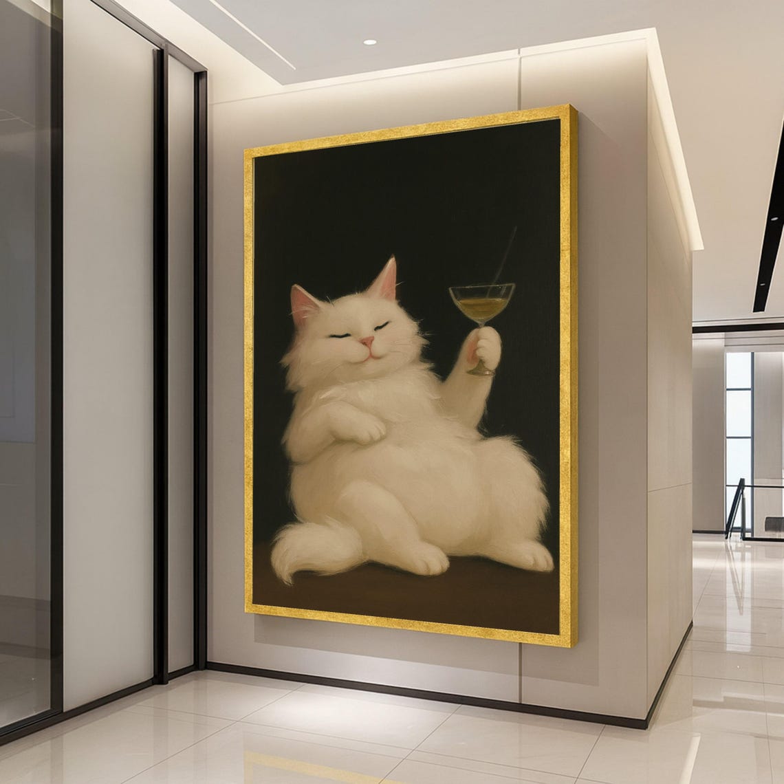 Funny White Cat Holding Martini Cocktail Humorous Cat Poster