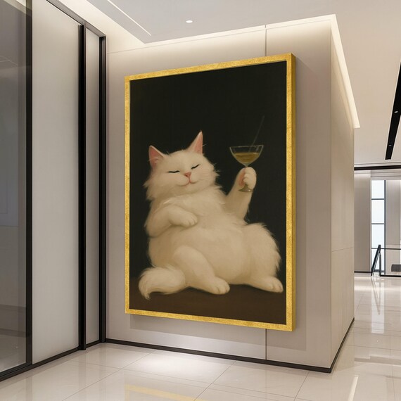 Funny Cat Canvas Print White Wall Art With Cocktail Quirky Decor Ready To Hang Animal Decoration