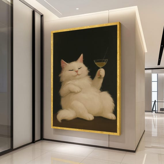 Funny White Cat Holding Martini Cocktail Humorous Cat Poster