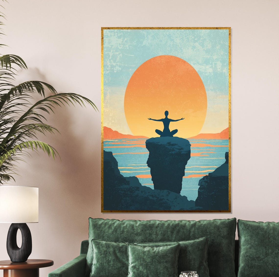 Meditator Silhouette on Cliff at Sunset Over Ocean Art Poster