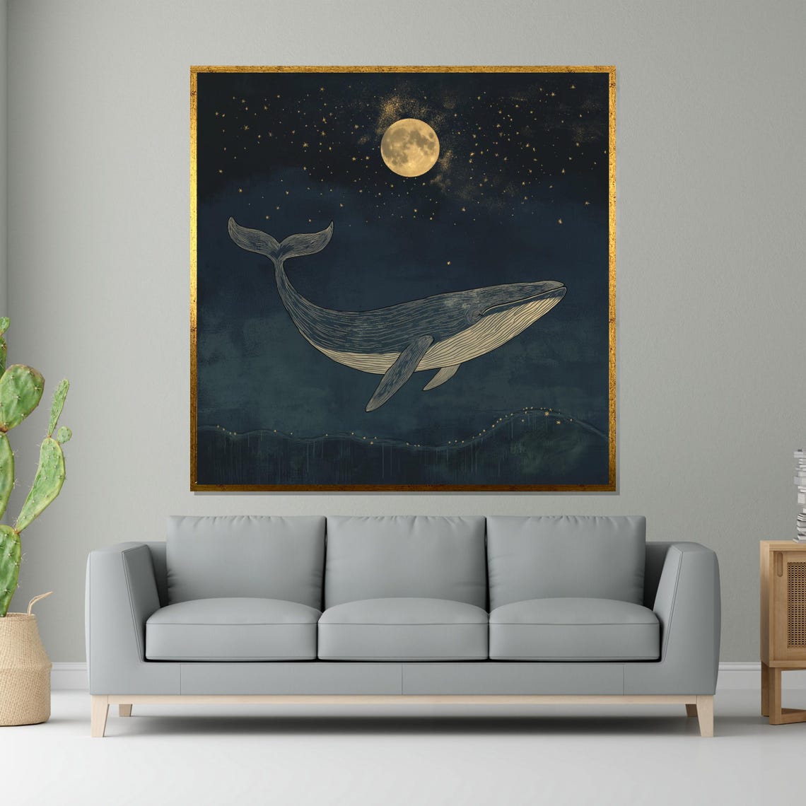 Whale Moonlit Starry Night Ocean Dreamy Celestial Art Poster