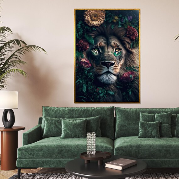 Floral Lion Portrait Blooming Botanical Wild Cat Decorative Poster