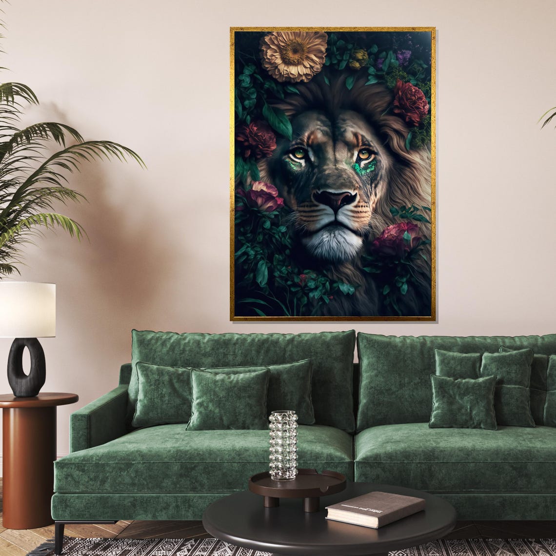 Floral Lion Portrait Blooming Botanical Wild Cat Decorative Poster
