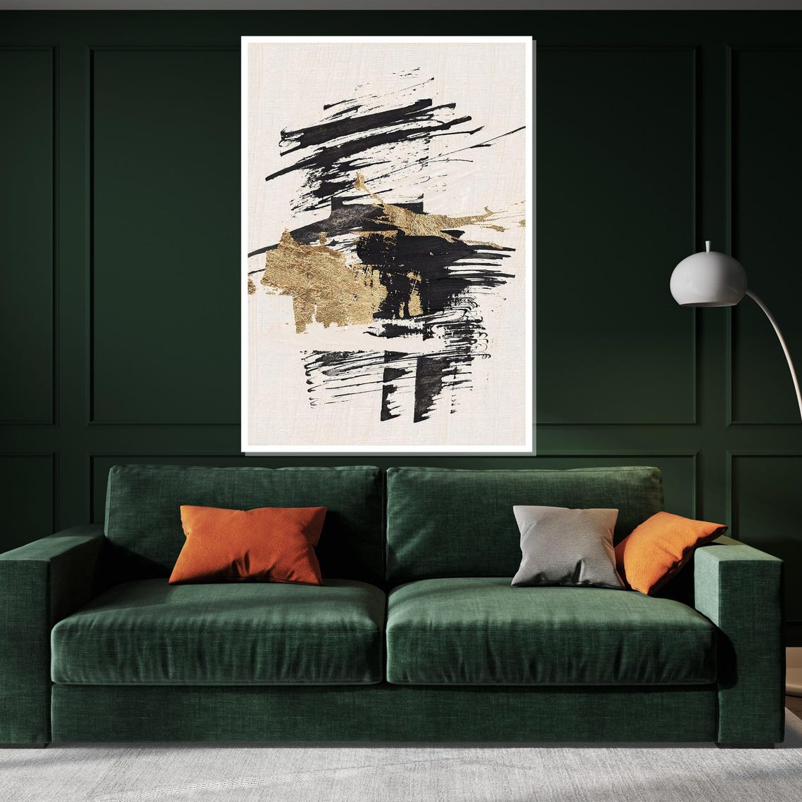 Dramatic Black Gold Brushstrokes White Modern Abstract Print - Image 3