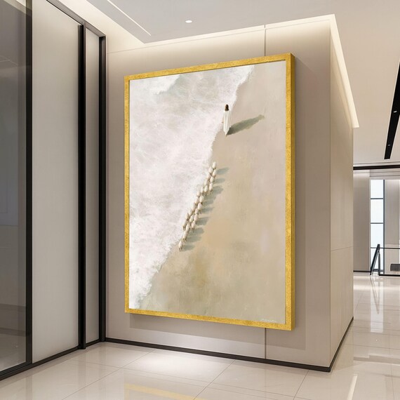Minimalist Beach Scene Canvas Shepherd And Sheep Wall Art Coastal Nature Serene Ocean Shoreline Decoration Modern Ready To Hang