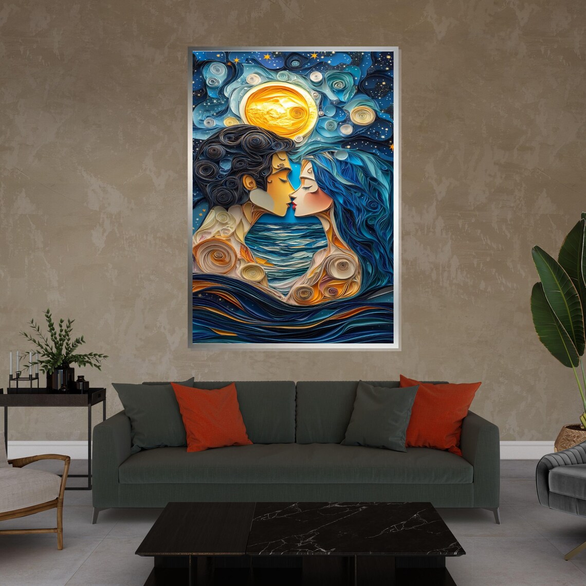 Beautiful Quilled Paper Lovers Kissing Under Moon Night Art Poster - Image 4
